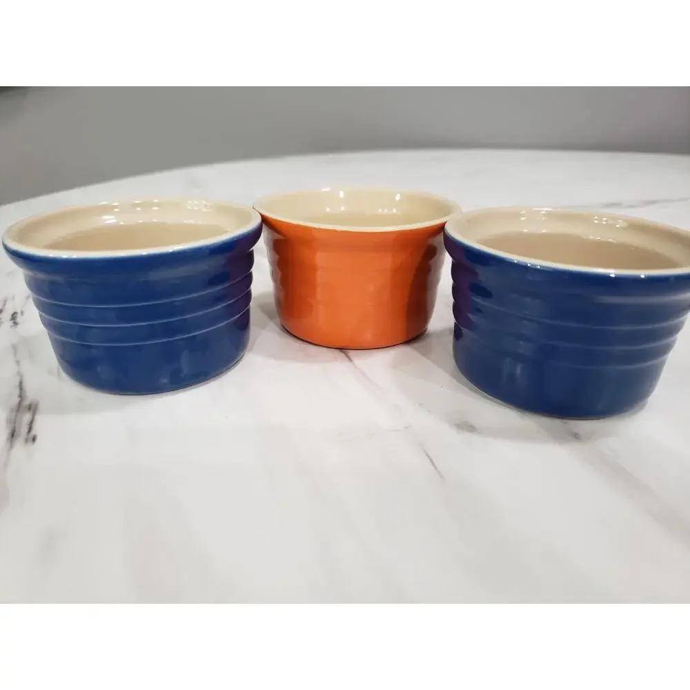 Lot 3 Le Creuset Ramekin Small Blue Orange‎ Bowl 4 Oz